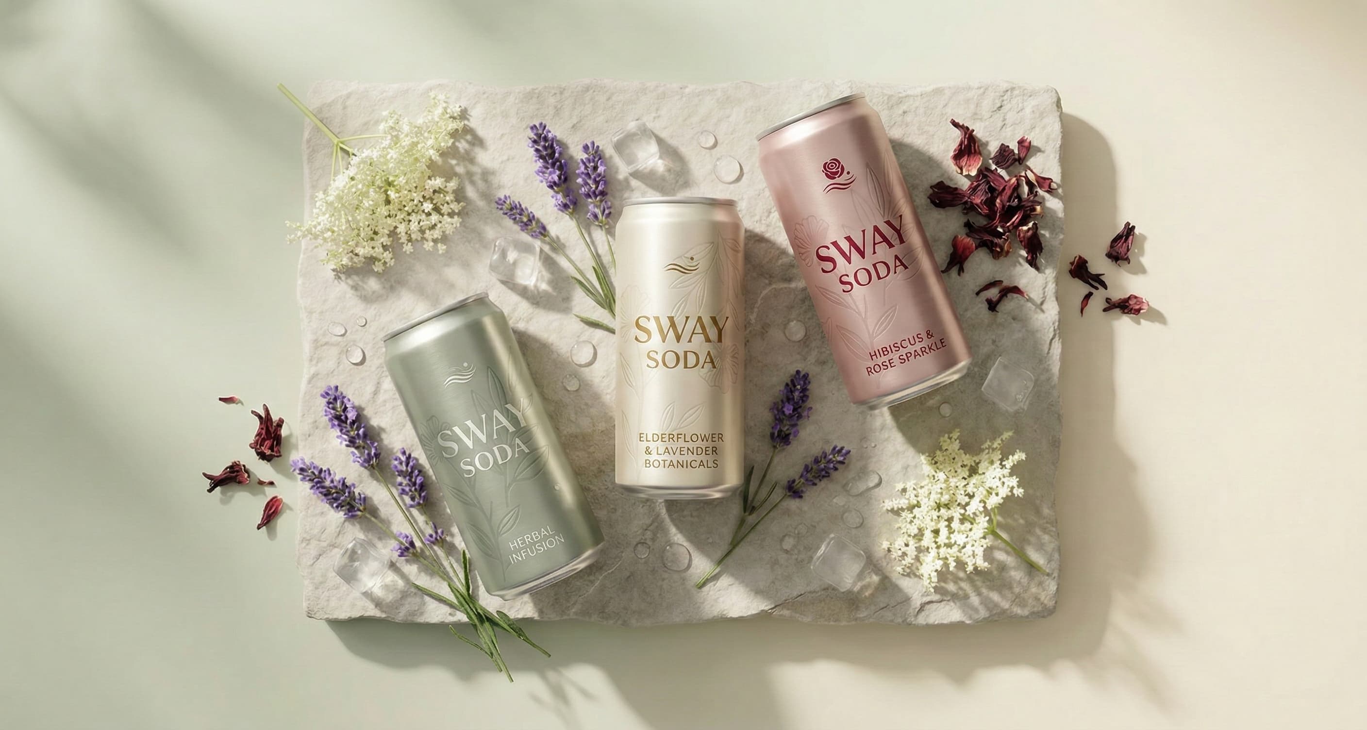 Three Sway Soda cans — Herbal Infusion, Elderflower & Lavender Botanicals, and Hibiscus & Rose Sparkle — on natural stone with fresh botanicals